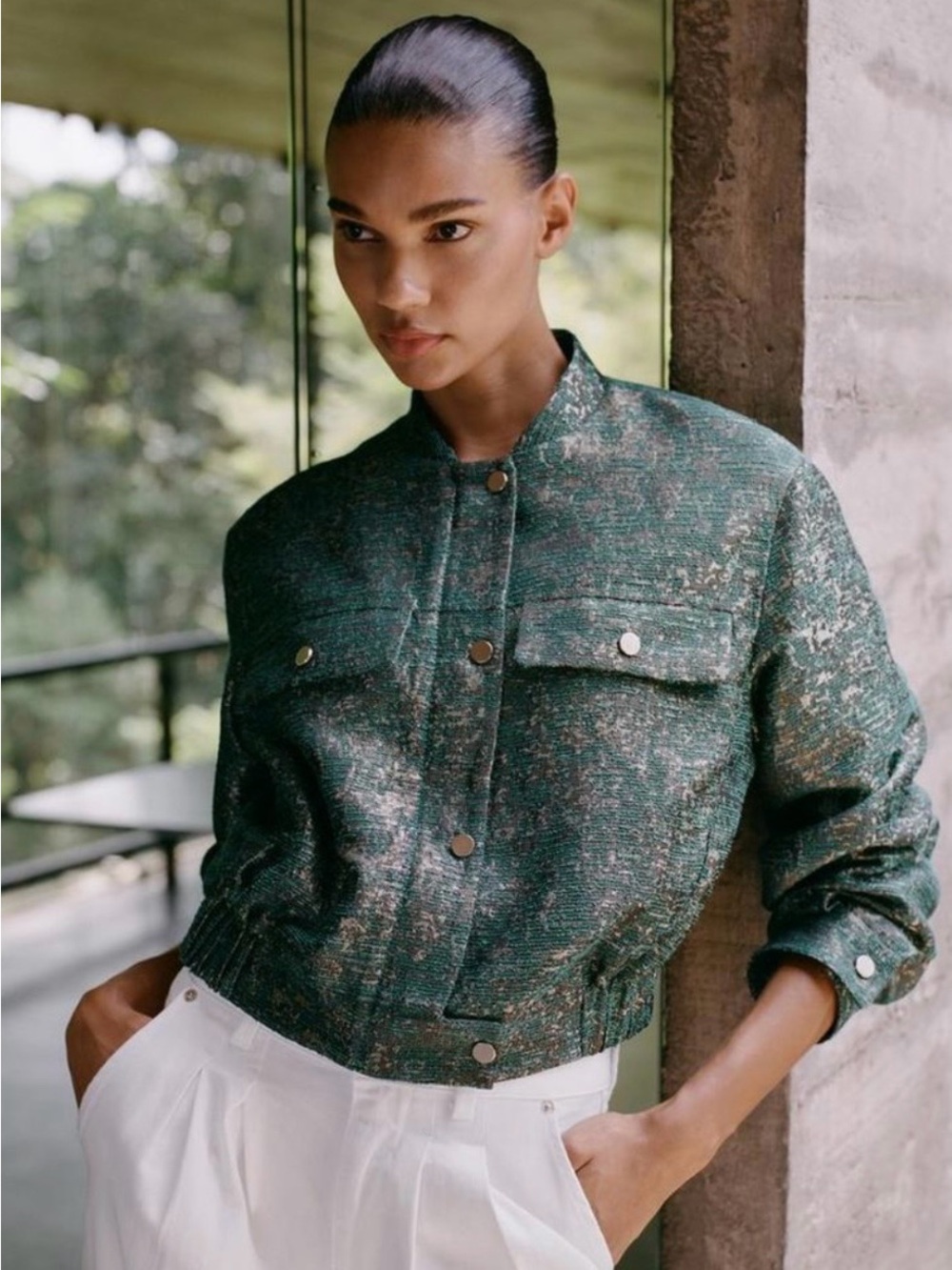Zara Green Textured Bomber Jacket